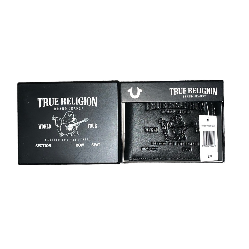 True Religion Men's Genuine Leather RFID Bi-Fold Wallet Black NWT MSRP $50